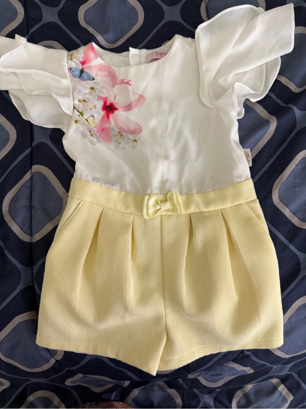 Ted Baker Girls' White & Yellow Floral Romper with Bow